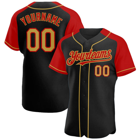 Custom Black Old Gold-Red Authentic Raglan Sleeves Baseball Jersey - Main View