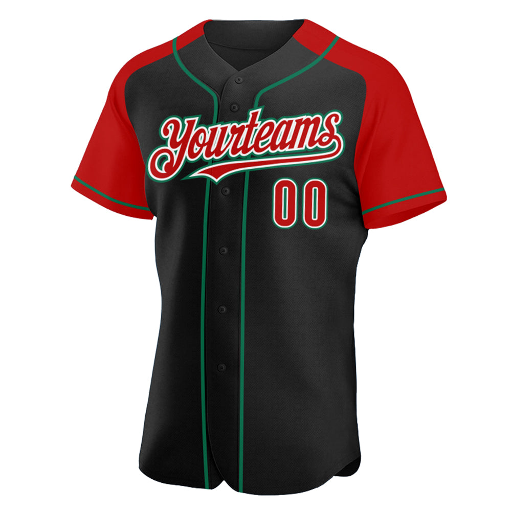 Custom Black Red-Kelly Green Authentic Raglan Sleeves Baseball Jersey view 2