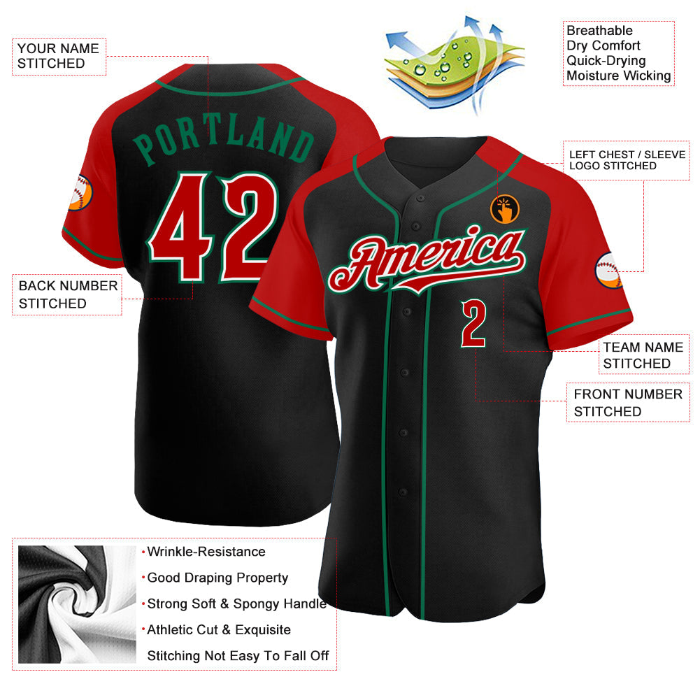 Custom Black Red-Kelly Green Authentic Raglan Sleeves Baseball Jersey view 3