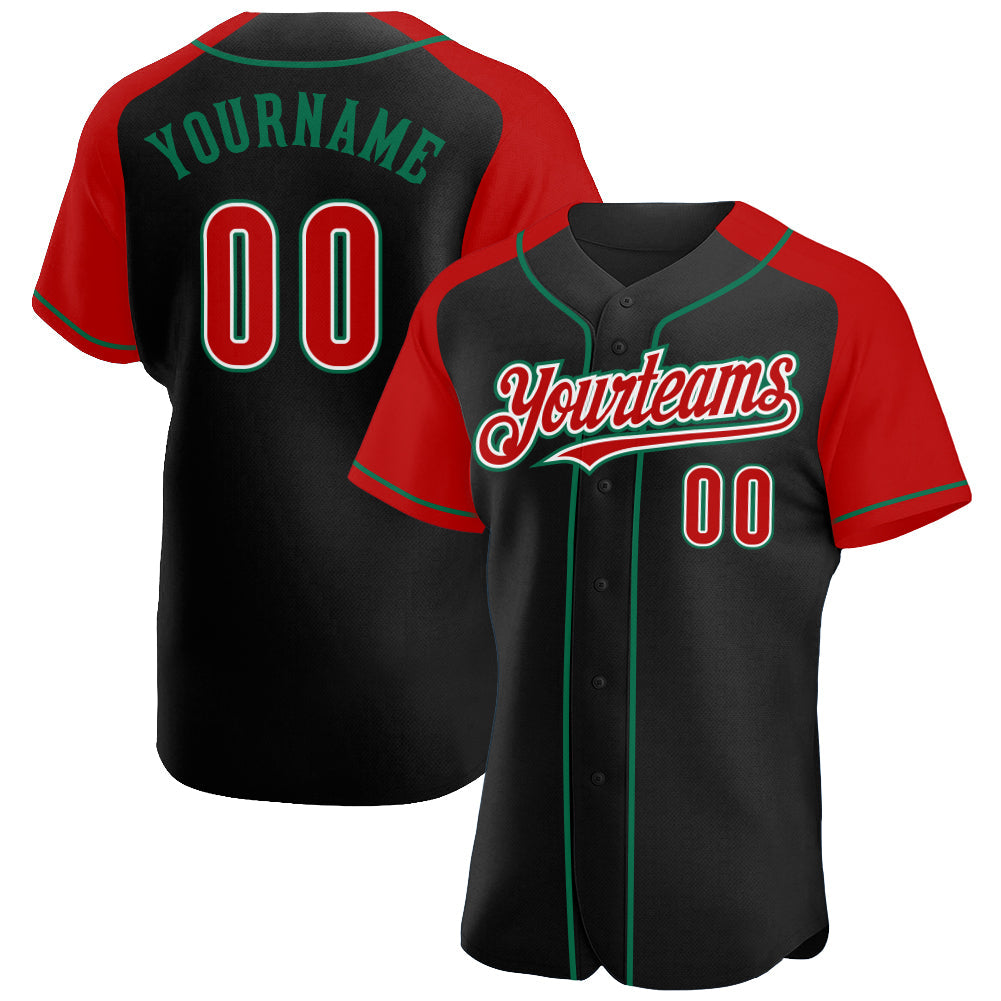 Custom Black Red-Kelly Green Authentic Raglan Sleeves Baseball Jersey - Main View