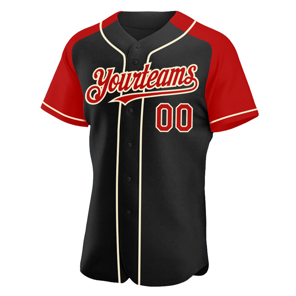Custom Black Red-Cream Authentic Raglan Sleeves Baseball Jersey view 2