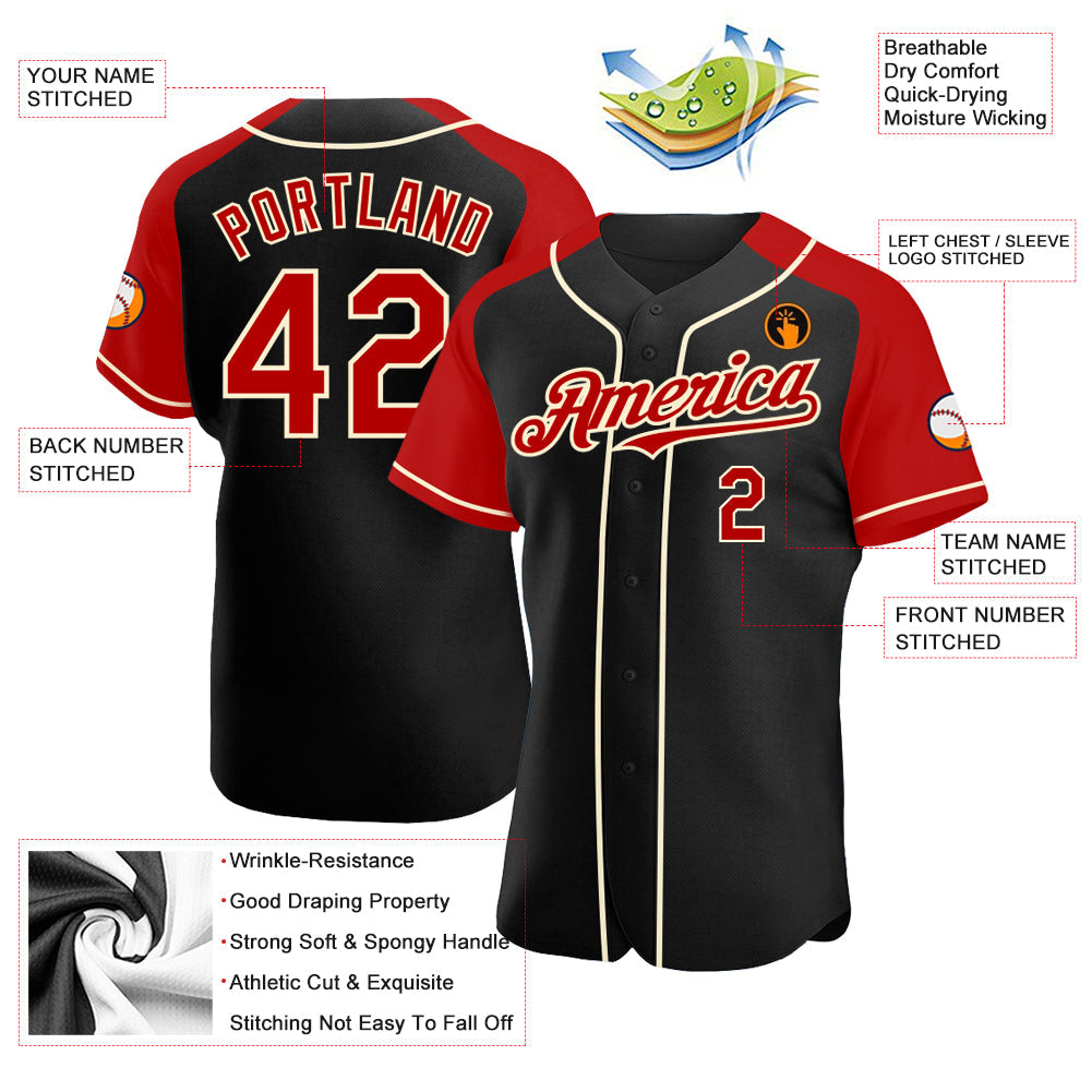 Custom Black Red-Cream Authentic Raglan Sleeves Baseball Jersey view 3