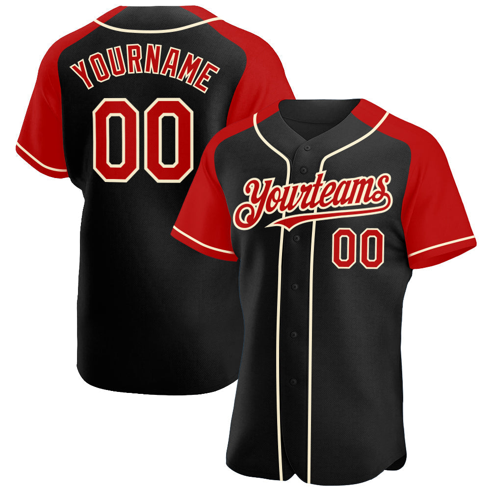 Custom Black Red-Cream Authentic Raglan Sleeves Baseball Jersey - Main View