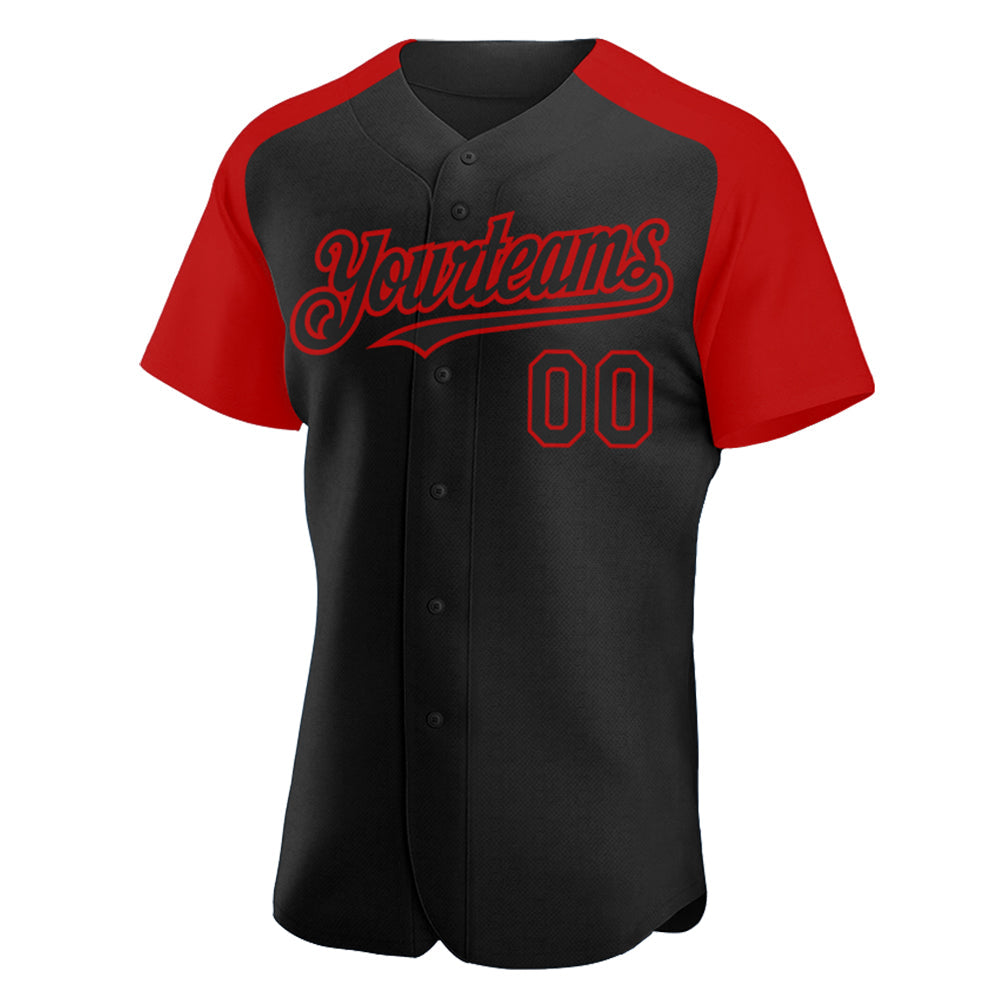 Custom Black Red Authentic Raglan Sleeves Baseball Jersey view 2