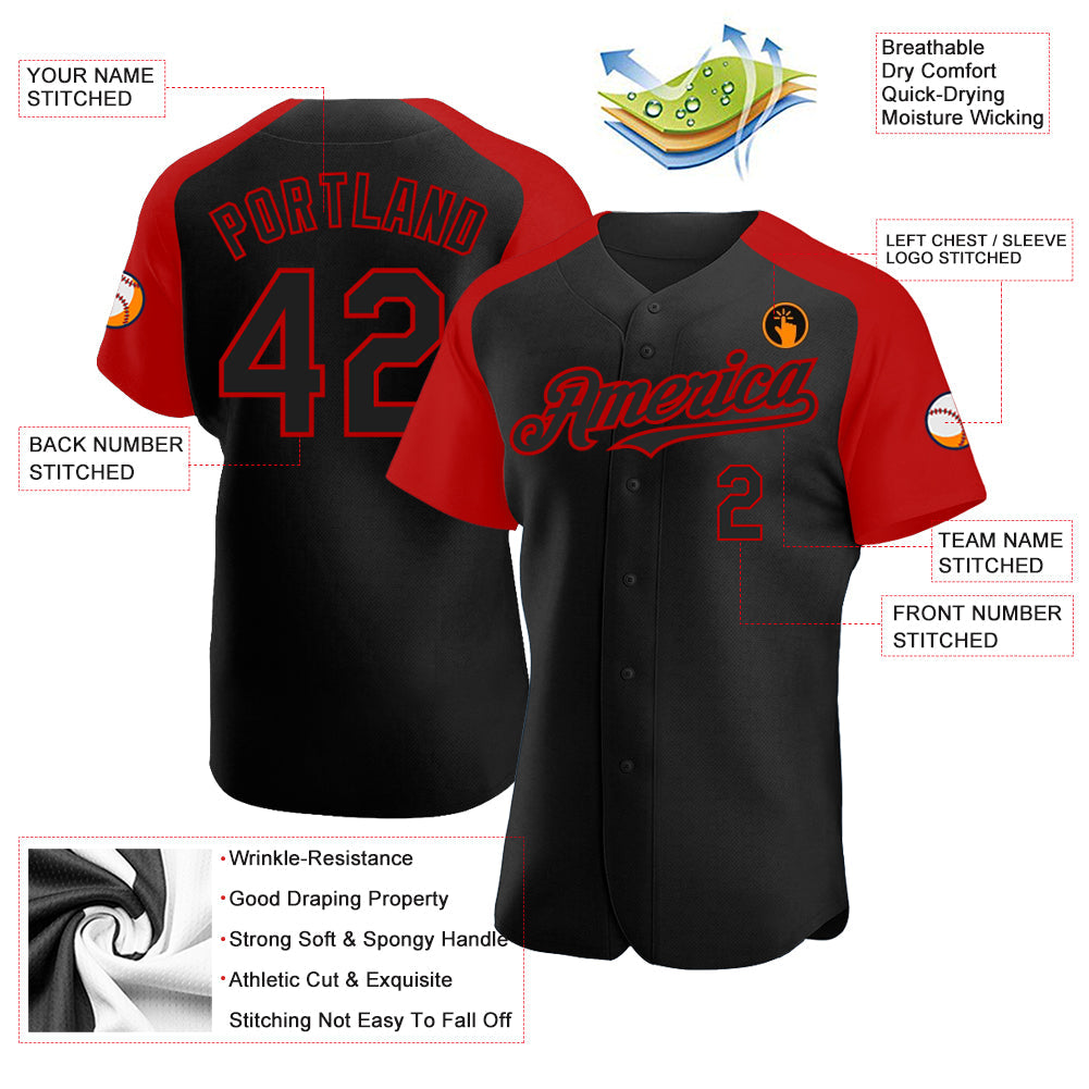 Custom Black Red Authentic Raglan Sleeves Baseball Jersey view 3
