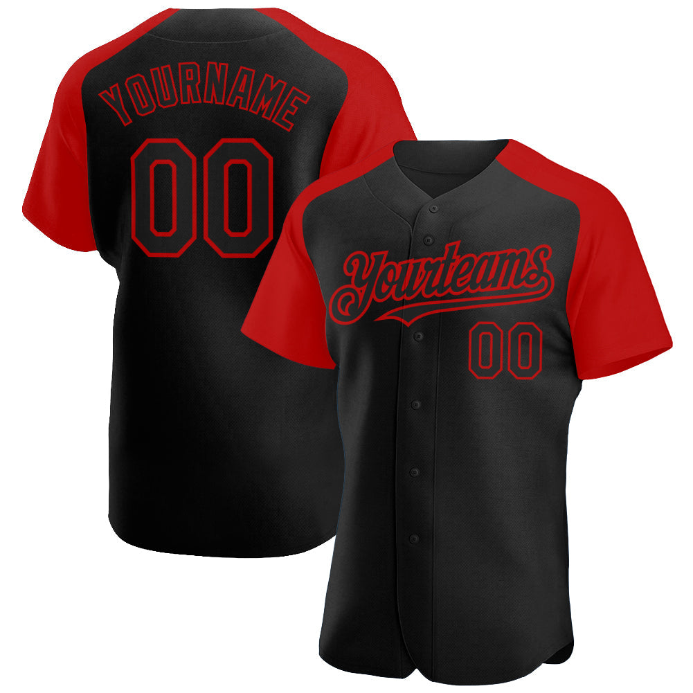 Custom Black Red Authentic Raglan Sleeves Baseball Jersey - Main View