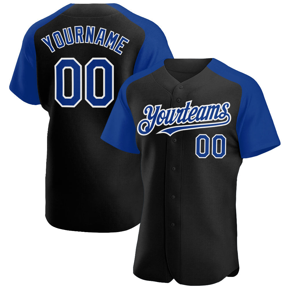 Custom Black Royal-White Authentic Raglan Sleeves Baseball Jersey - Main View