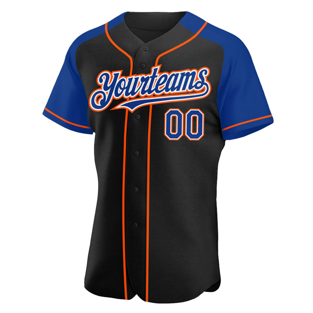Custom Black Royal-Orange Authentic Raglan Sleeves Baseball Jersey view 2