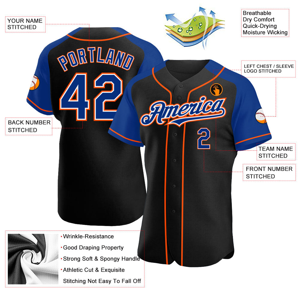 Custom Black Royal-Orange Authentic Raglan Sleeves Baseball Jersey view 3