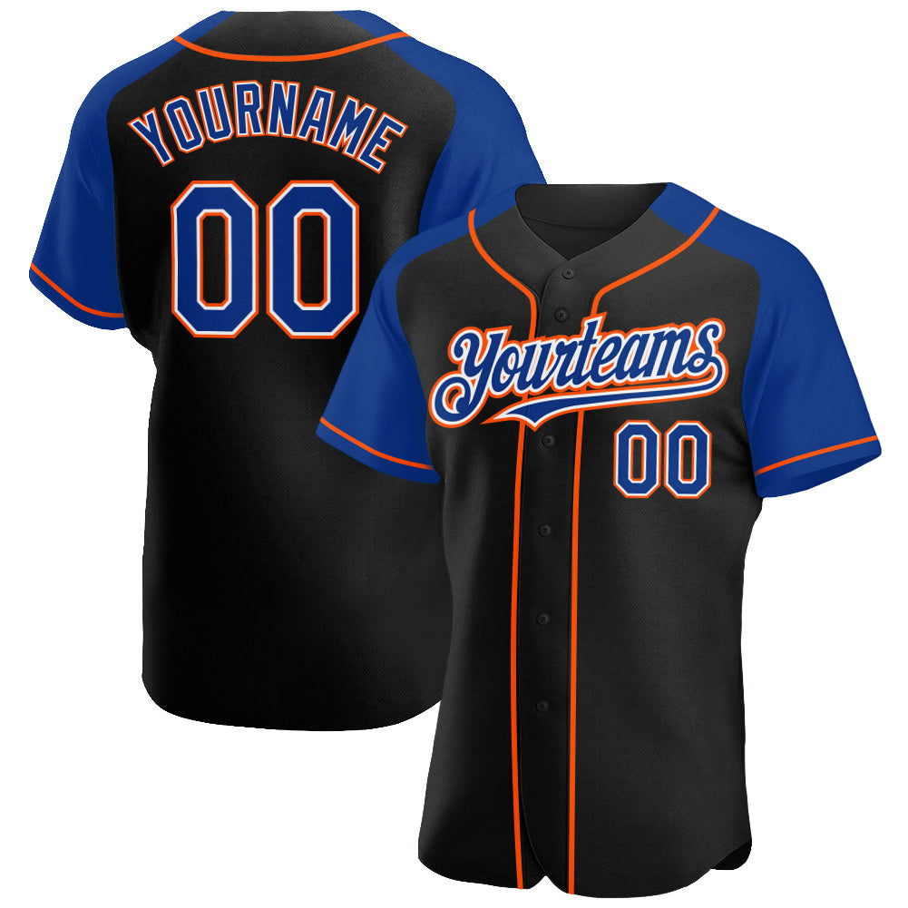Custom Black Royal-Orange Authentic Raglan Sleeves Baseball Jersey - Main View