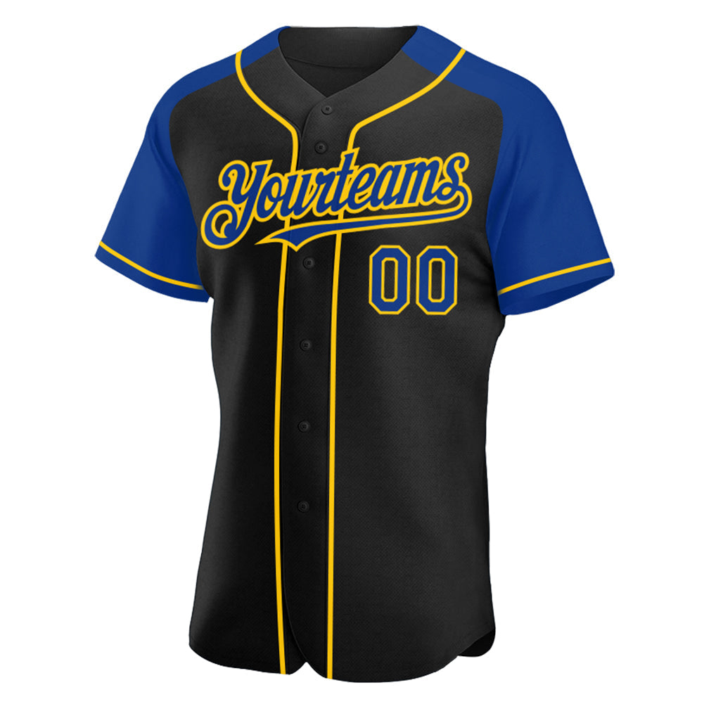 Custom Black Royal-Yellow Authentic Raglan Sleeves Baseball Jersey view 2