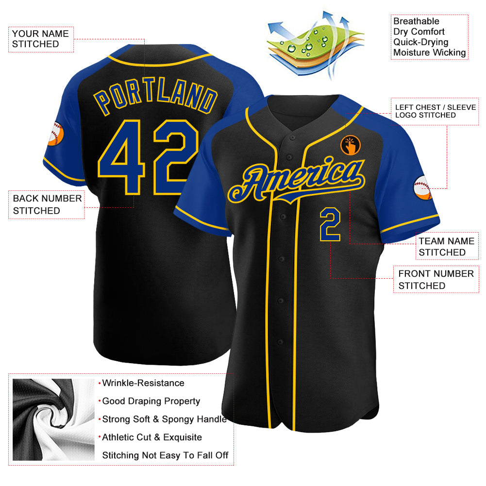 Custom Black Royal-Yellow Authentic Raglan Sleeves Baseball Jersey view 3