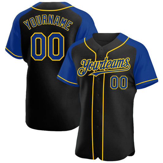 Custom Black Royal-Yellow Authentic Raglan Sleeves Baseball Jersey - Main View