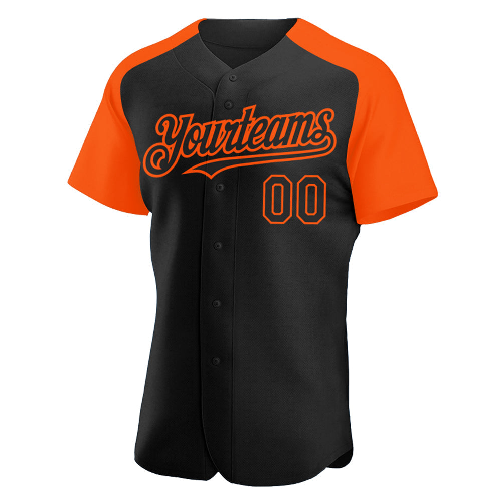 Custom Black Orange Authentic Raglan Sleeves Baseball Jersey view 2