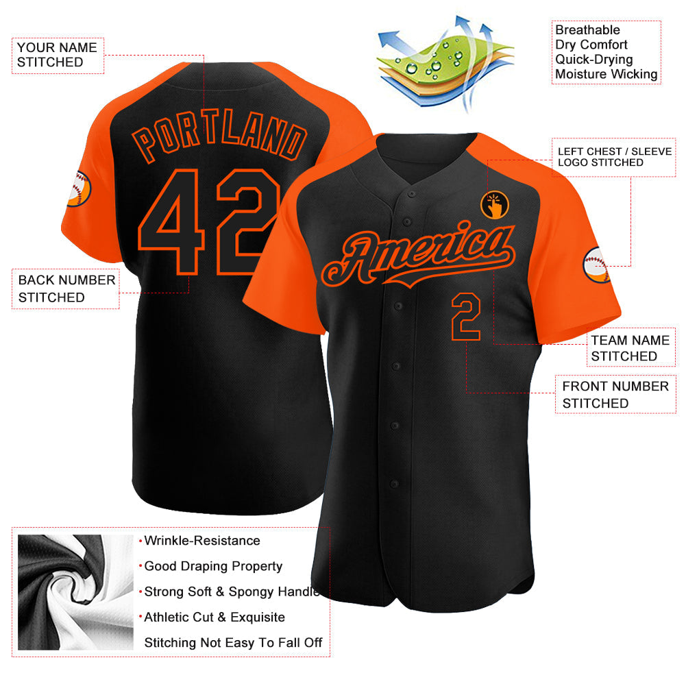 Custom Black Orange Authentic Raglan Sleeves Baseball Jersey view 3