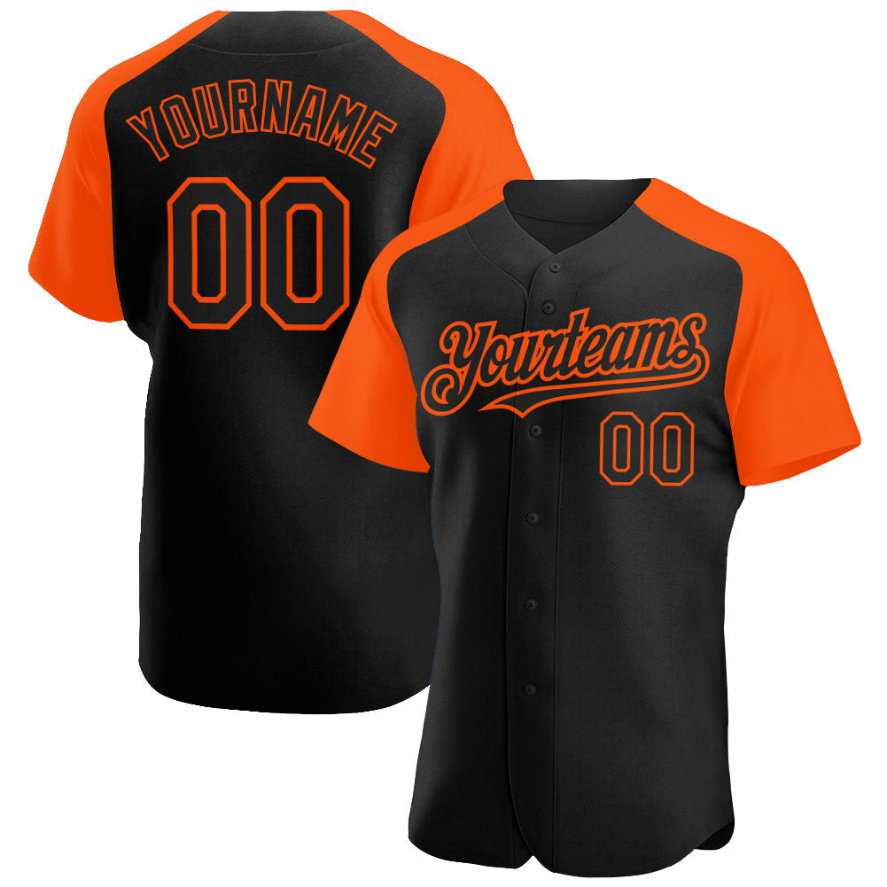 Custom Black Orange Authentic Raglan Sleeves Baseball Jersey - Main View
