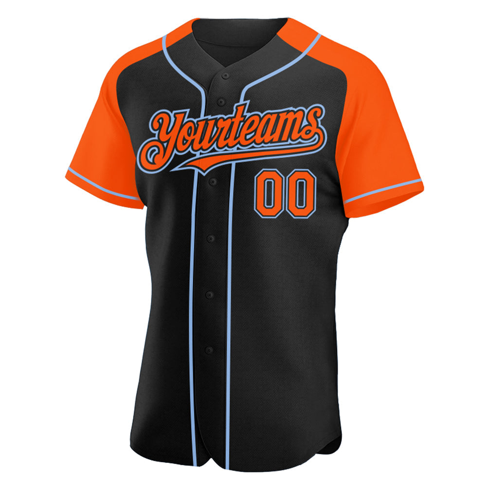 Custom Black Orange-Light Blue Authentic Raglan Sleeves Baseball Jersey view 2