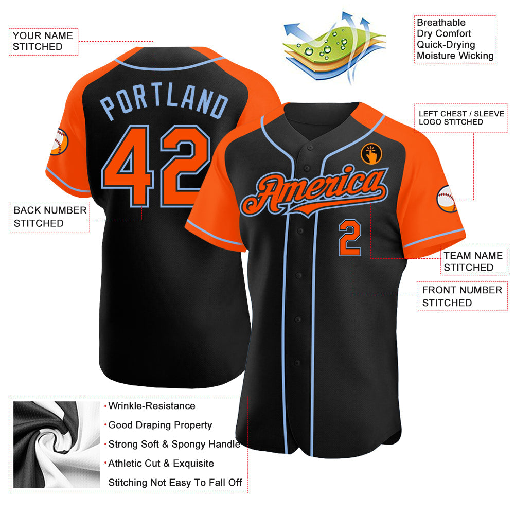 Custom Black Orange-Light Blue Authentic Raglan Sleeves Baseball Jersey view 3