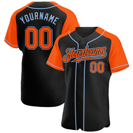 Custom Black Orange-Light Blue Authentic Raglan Sleeves Baseball Jersey - Main View