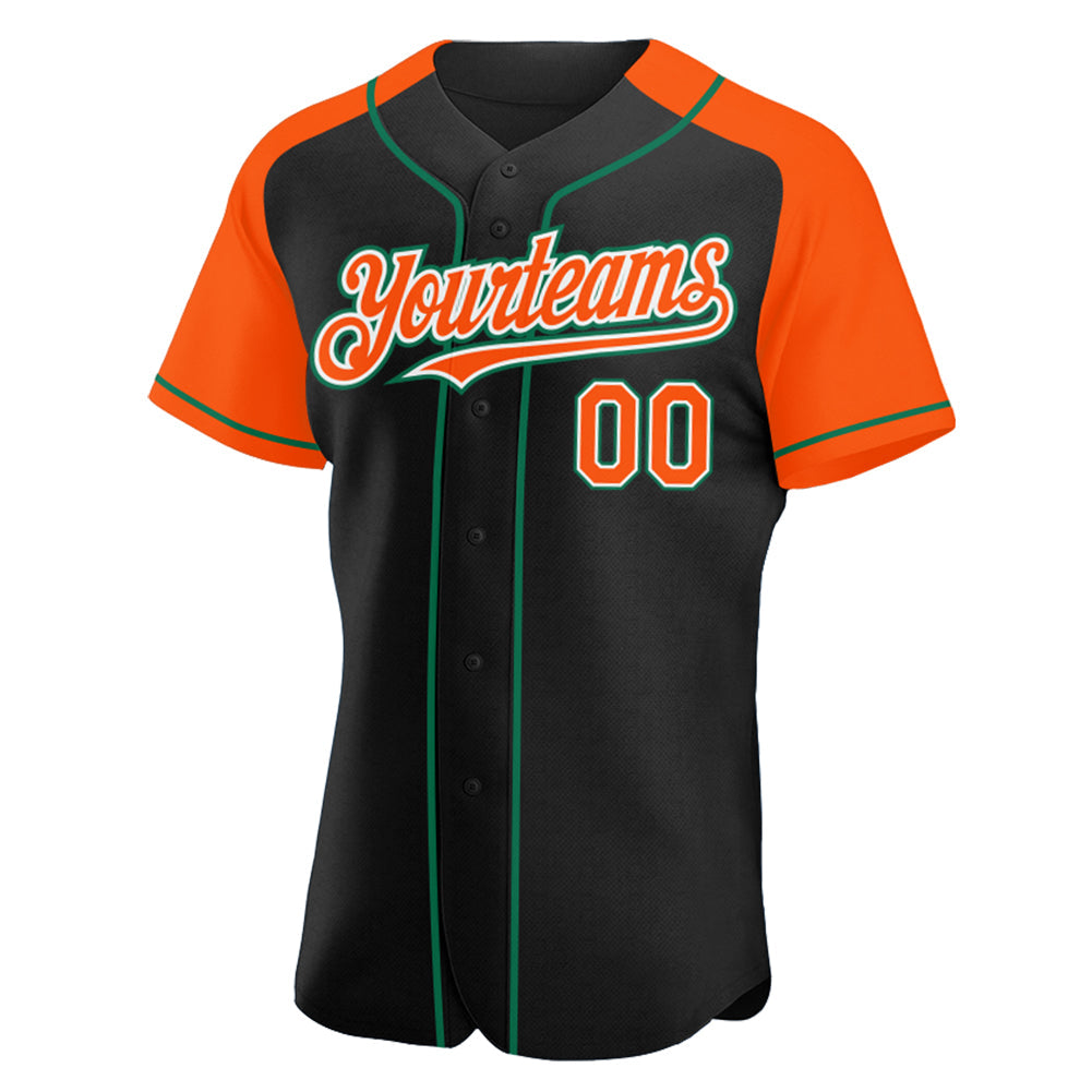 Custom Black Orange-Kelly Green Authentic Raglan Sleeves Baseball Jersey view 2