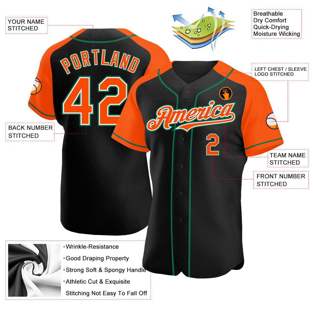 Custom Black Orange-Kelly Green Authentic Raglan Sleeves Baseball Jersey view 3