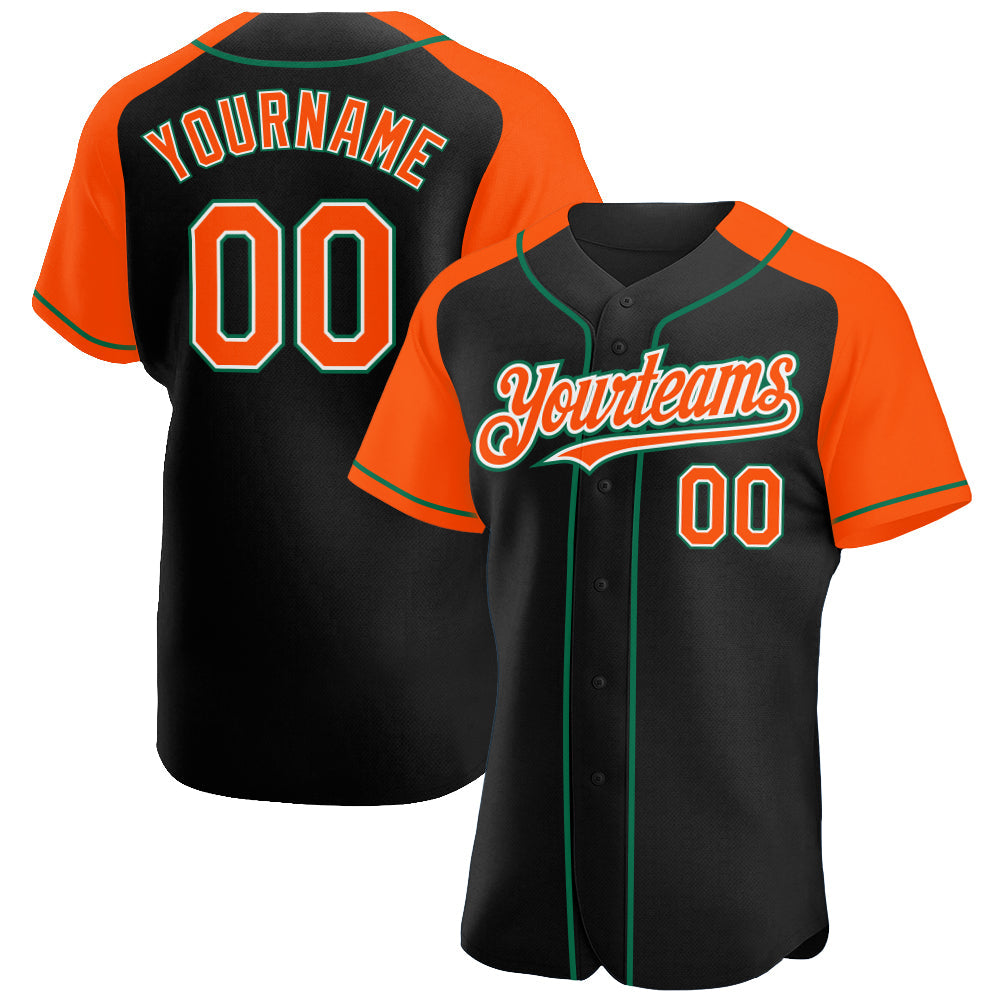 Custom Black Orange-Kelly Green Authentic Raglan Sleeves Baseball Jersey - Main View