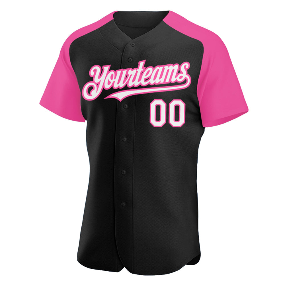 Custom Black White-Pink Authentic Raglan Sleeves Baseball Jersey view 2
