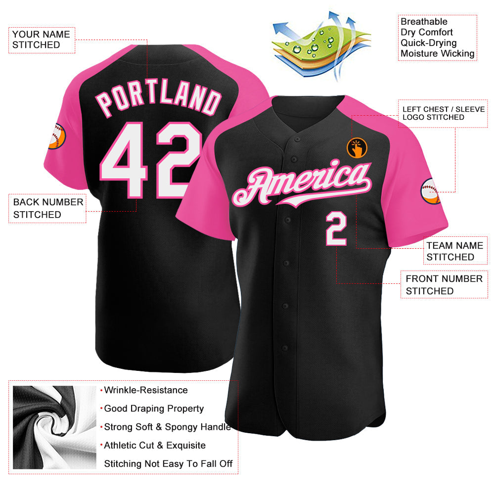 Custom Black White-Pink Authentic Raglan Sleeves Baseball Jersey view 3