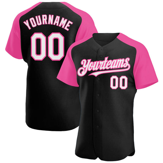 Custom Black White-Pink Authentic Raglan Sleeves Baseball Jersey - Main View