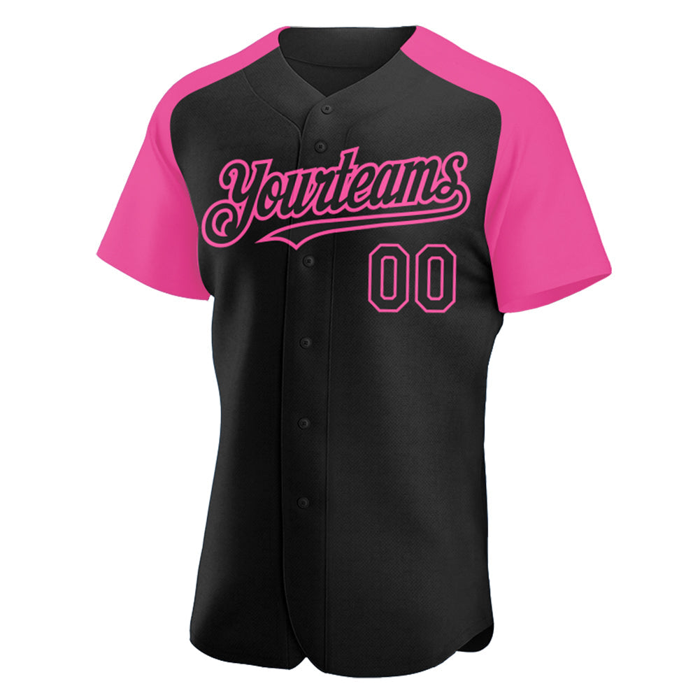 Custom Black Pink Authentic Raglan Sleeves Baseball Jersey view 2