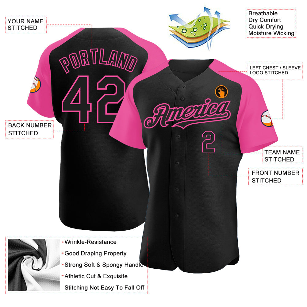 Custom Black Pink Authentic Raglan Sleeves Baseball Jersey view 3