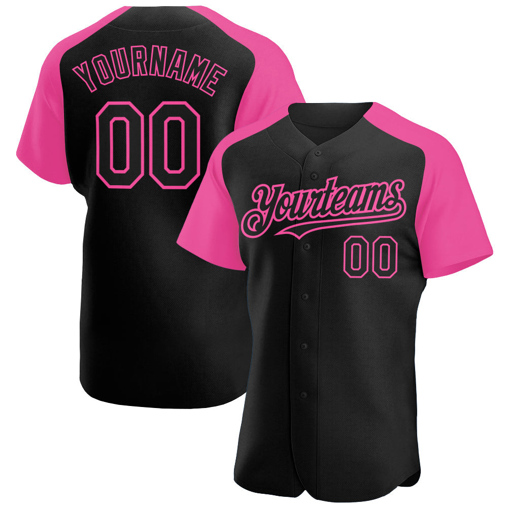 Custom Black Pink Authentic Raglan Sleeves Baseball Jersey - Main View