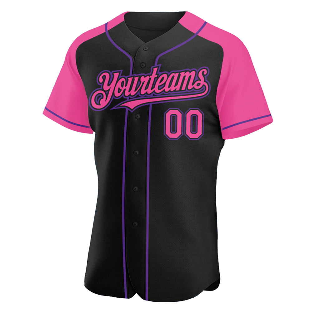 Custom Black Pink-Purple Authentic Raglan Sleeves Baseball Jersey view 2