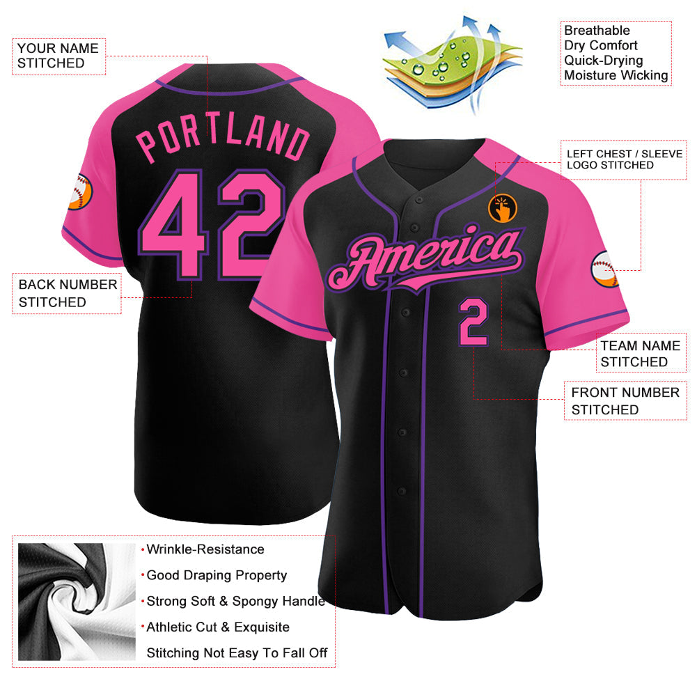 Custom Black Pink-Purple Authentic Raglan Sleeves Baseball Jersey view 3