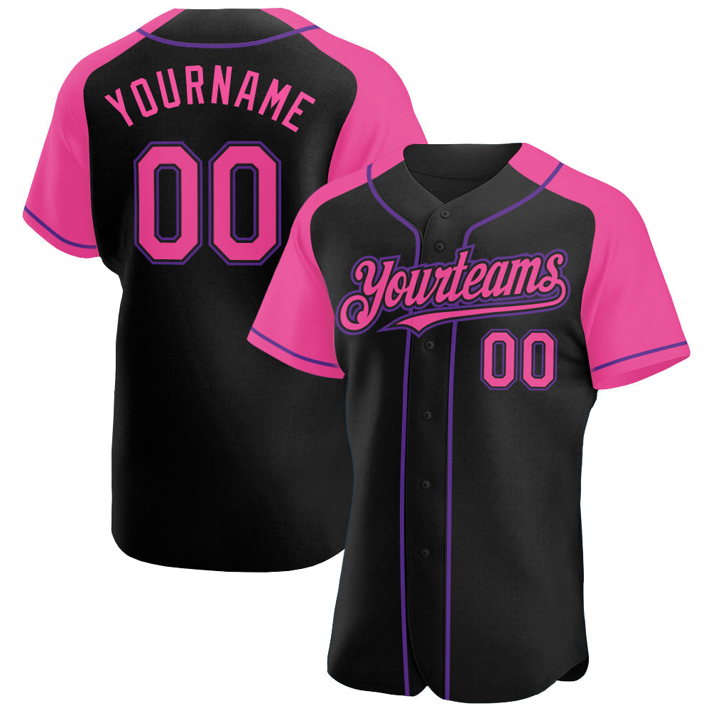 Custom Black Pink-Purple Authentic Raglan Sleeves Baseball Jersey - Main View