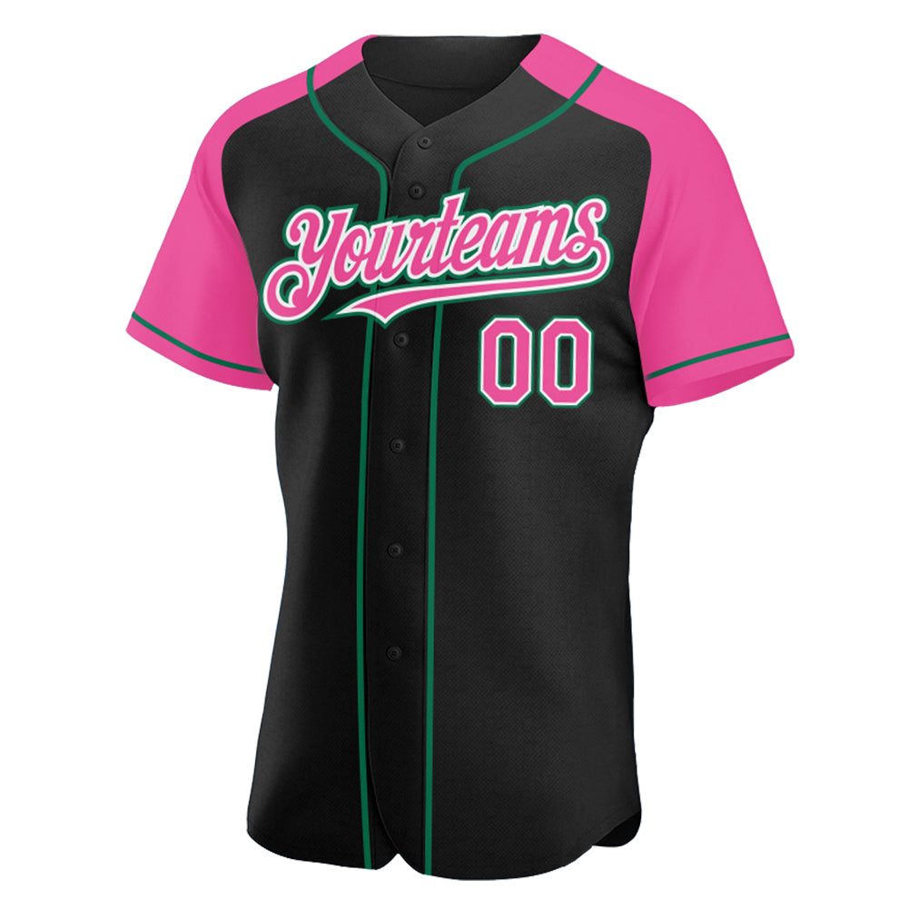Custom Black Pink-Kelly Green Authentic Raglan Sleeves Baseball Jersey view 2