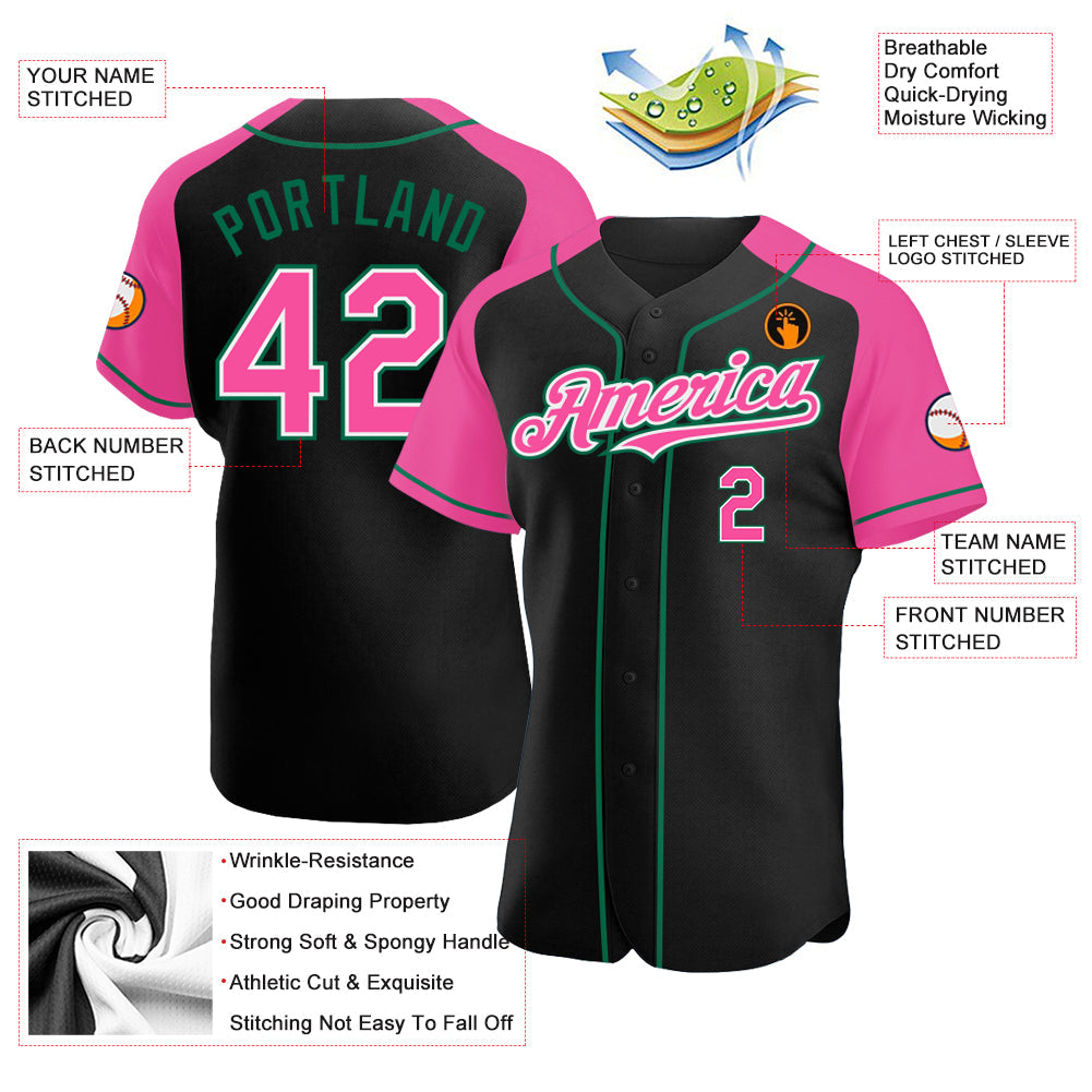 Custom Black Pink-Kelly Green Authentic Raglan Sleeves Baseball Jersey view 3