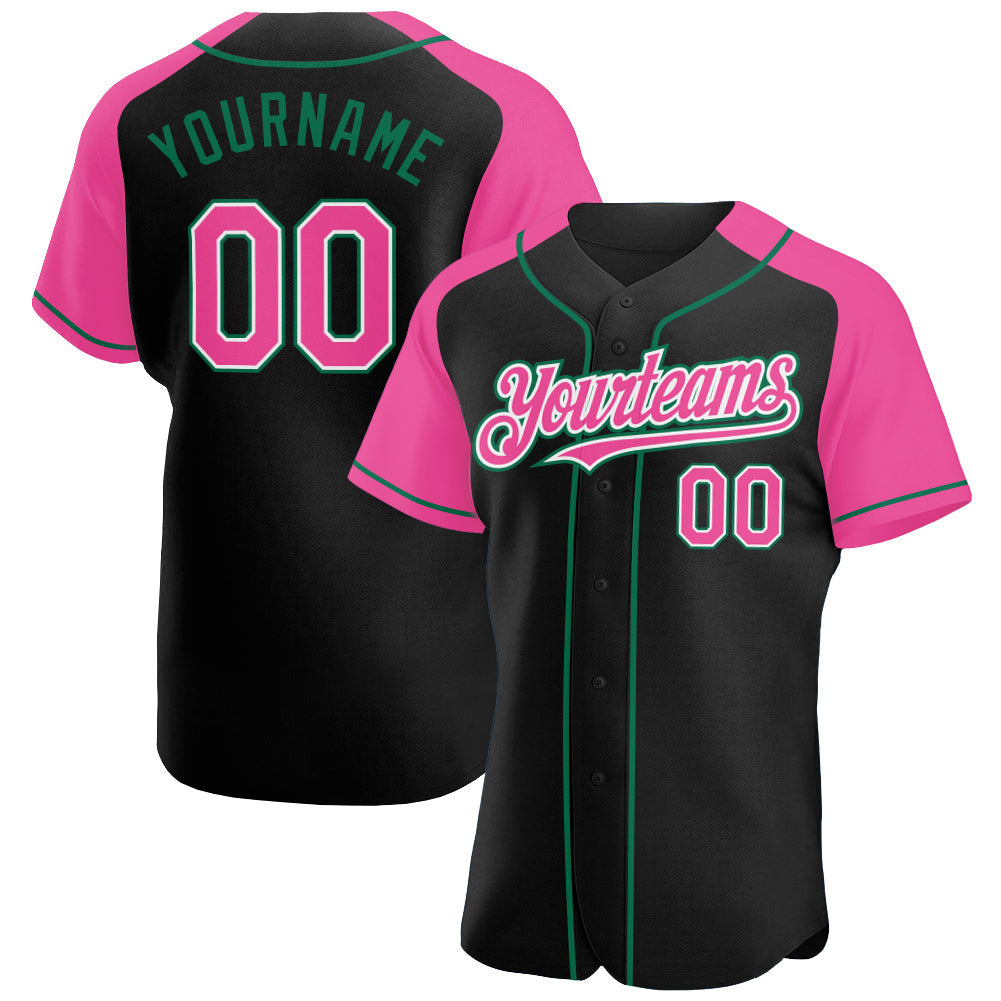 Custom Black Pink-Kelly Green Authentic Raglan Sleeves Baseball Jersey - Main View