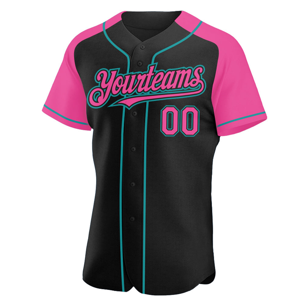 Custom Black Pink-Teal Authentic Raglan Sleeves Baseball Jersey view 2