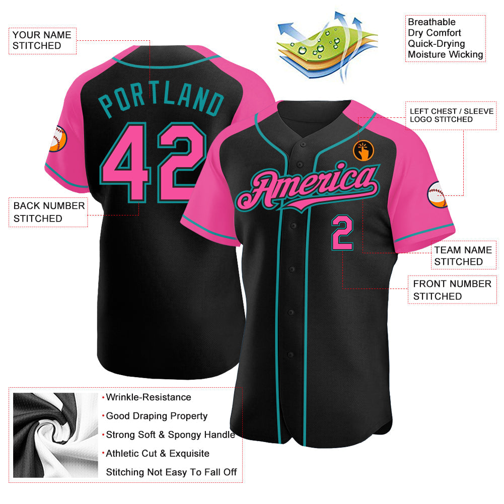 Custom Black Pink-Teal Authentic Raglan Sleeves Baseball Jersey view 3