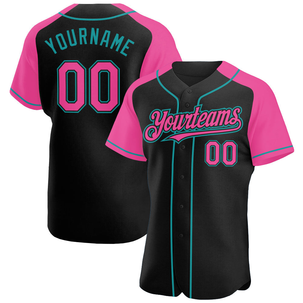 Custom Black Pink-Teal Authentic Raglan Sleeves Baseball Jersey - Main View