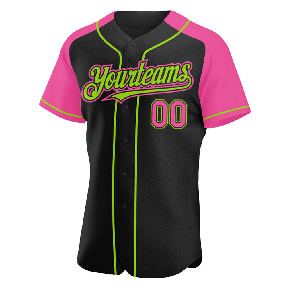 Custom Black Pink-Neon Green Authentic Raglan Sleeves Baseball Jersey view 2