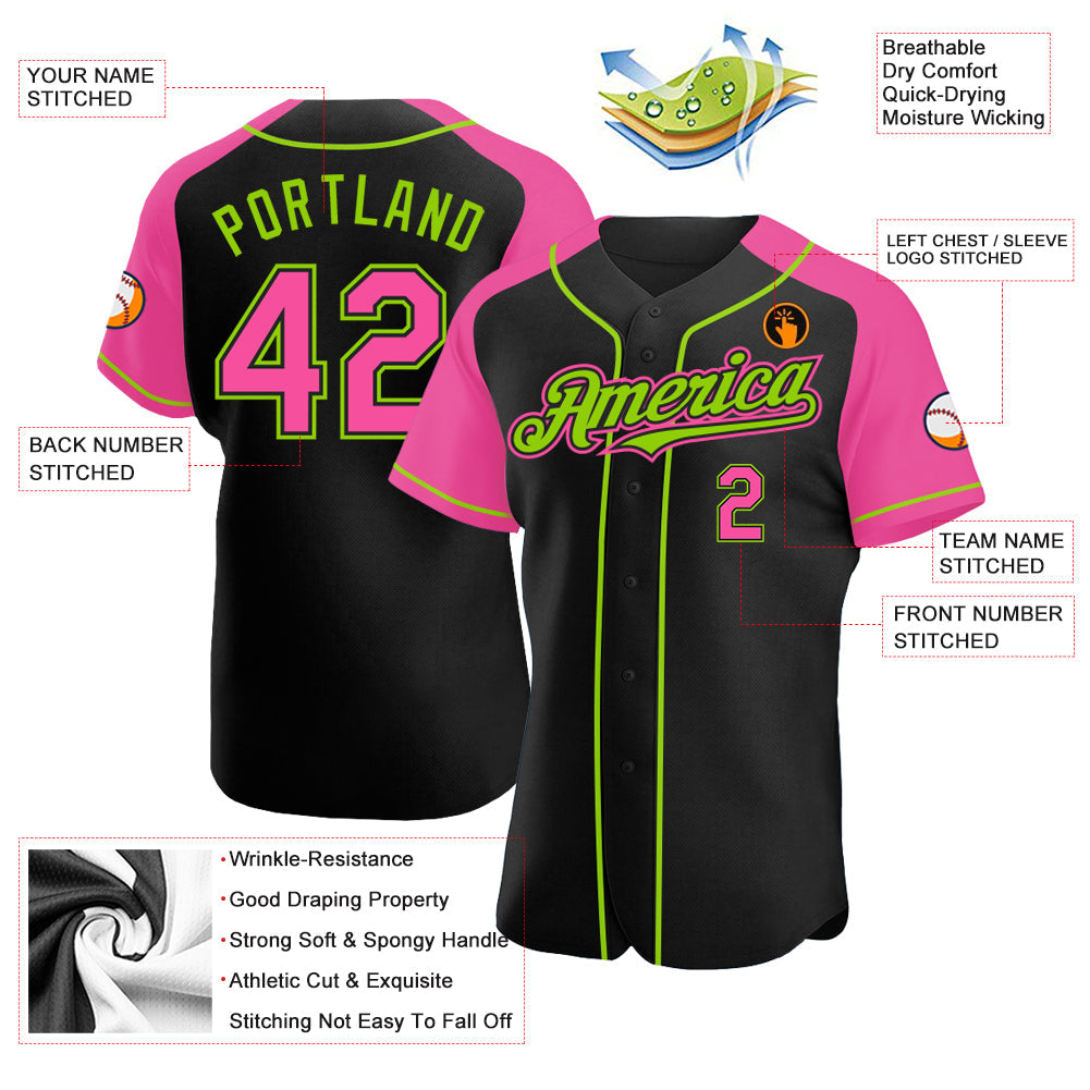 Custom Black Pink-Neon Green Authentic Raglan Sleeves Baseball Jersey view 3