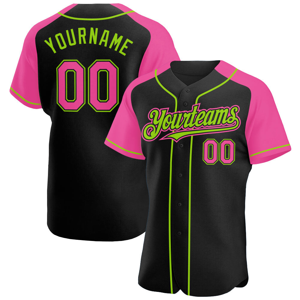 Custom Black Pink-Neon Green Authentic Raglan Sleeves Baseball Jersey - Main View