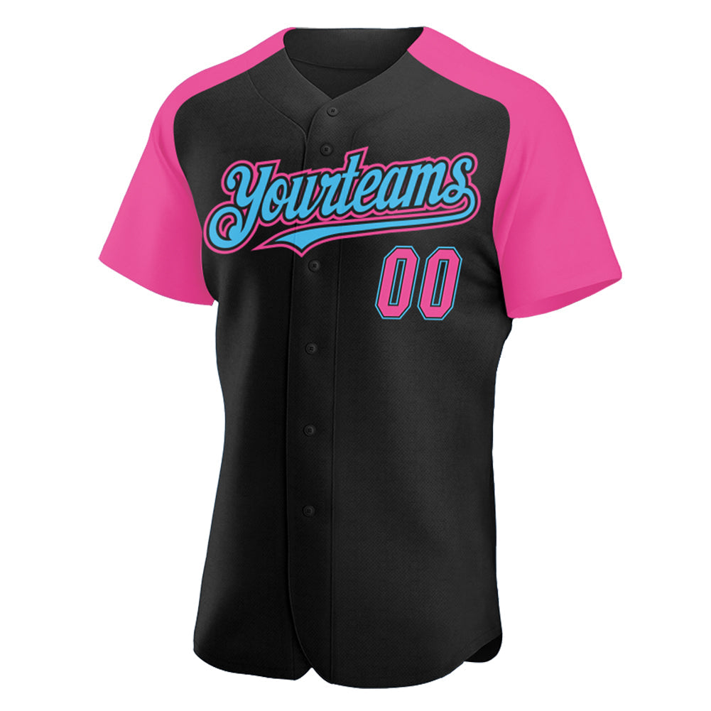 Custom Black Pink-Sky Blue Authentic Raglan Sleeves Baseball Jersey view 2