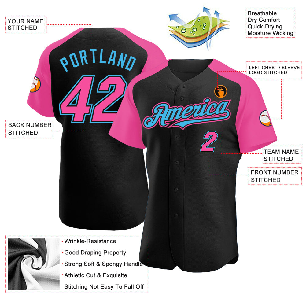 Custom Black Pink-Sky Blue Authentic Raglan Sleeves Baseball Jersey view 3
