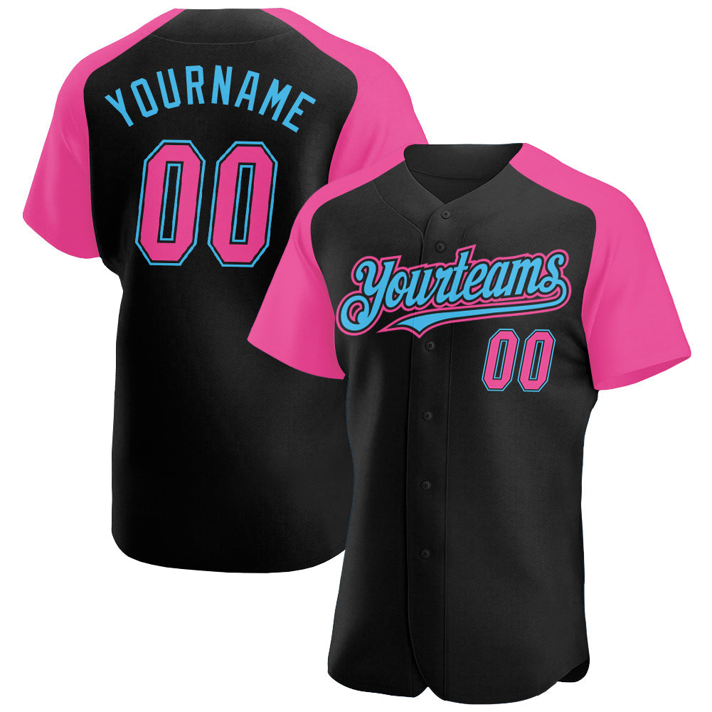 Custom Black Pink-Sky Blue Authentic Raglan Sleeves Baseball Jersey - Main View