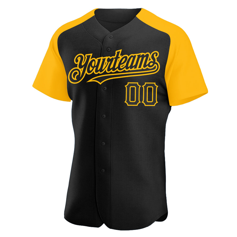 Custom Black Gold Authentic Raglan Sleeves Baseball Jersey view 2