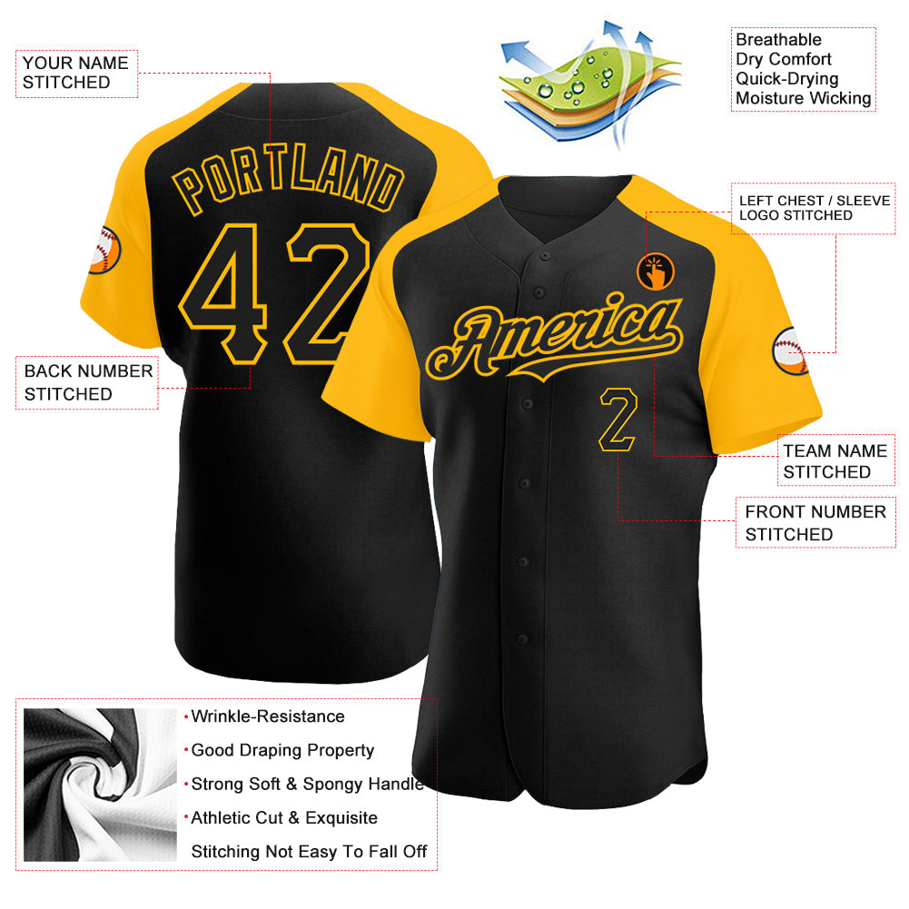 Custom Black Gold Authentic Raglan Sleeves Baseball Jersey view 3