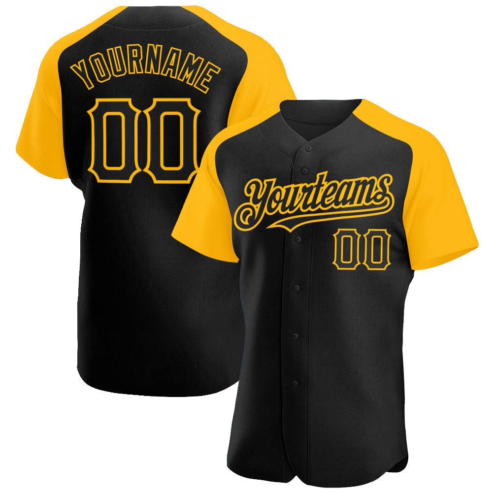 Custom Black Gold Authentic Raglan Sleeves Baseball Jersey - Main View